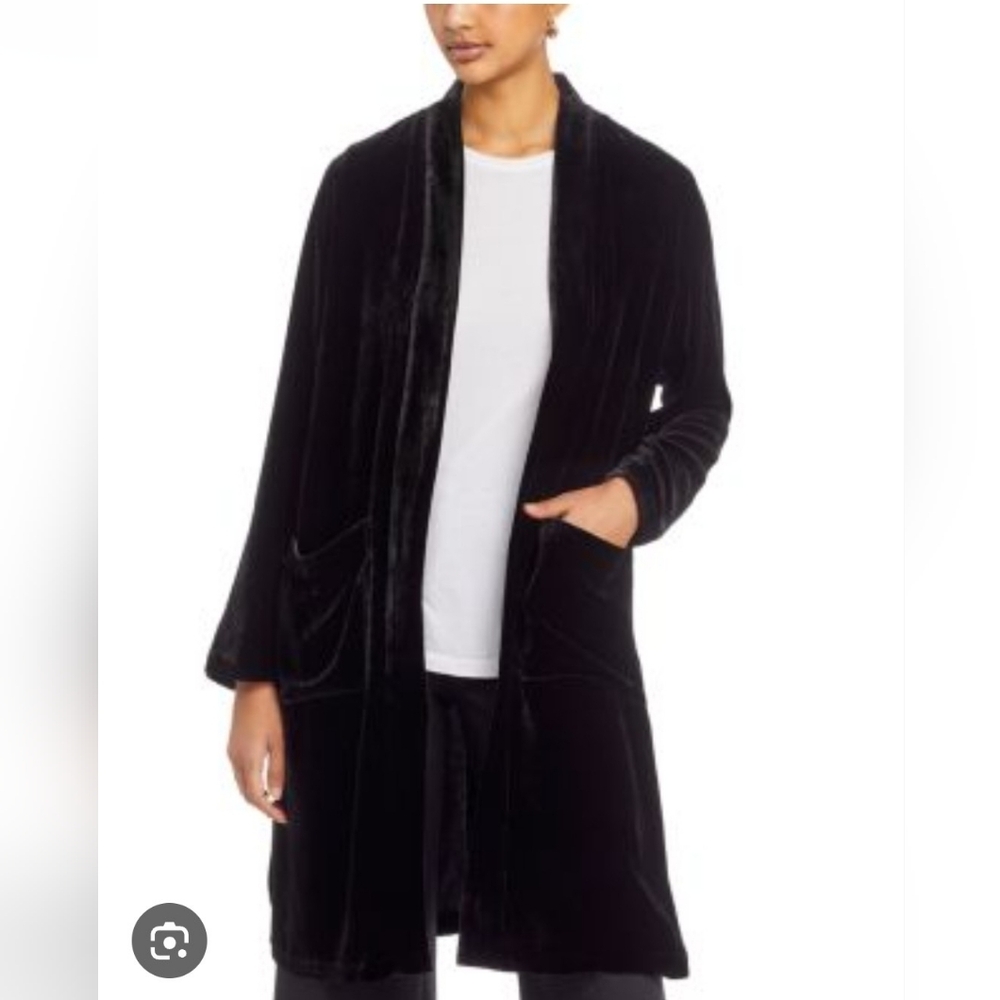 Eileen Fisher Open-Front Black Velvet Jacket Silk Blend Kimono Cardigan - Picture 2 of 11